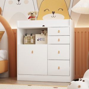 Commode à langerMeuble à langer avec 5 tiroirsCompariment ouvertsChambre bébé85x46x99cmfaçade Blanc