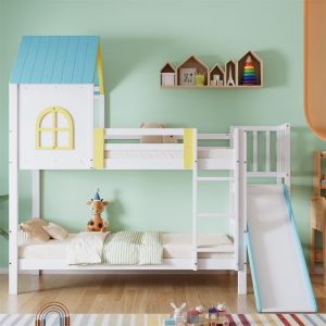 Lit superposé 90x200cm lit cabane lit enfant lit enfant avec toit et fenêtre avec protection antichute et barreaux blanc+bleu