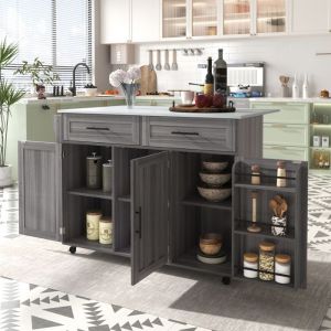 Somubi Buffet desserte de cuisine à roulettes plan de travail pliable en marbre pieds en bois massif 129×46(71)×915(95)cm