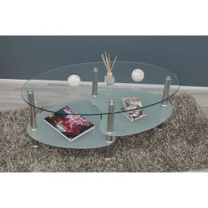 Table Basse Ovale en Verre Tremp&eacute; et Acier Inox - YGONGMYL - Blanc - Moderne - Scandinave