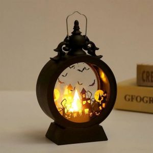Lanterne d&eacute;corative &agrave; LED vintage pour Halloween - Lanterne portable en forme de citrouille avec t&ecirc;te de mort et ch&acirc;teau