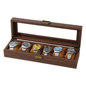 Coffret &agrave; montres &agrave; 6 compartiments bo&icirc;tier de rangement en bois massif avec couvercle en verre pr&eacute;sentoir &agrave; montres avec coussin