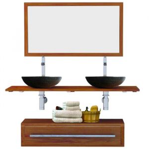Ensemble meuble tiroir vasques et miroir salle de bain Eleganzia 130 cm en bois teck naturel Taille - Meuble + miroir + 2 vasques