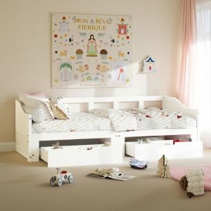 Lit Banquette Extensible 90 &agrave; 180x200 cm - AMBIANCE - Lit Gigogne Modulable avec 2 Tiroirs de Rangement - Cadre en Bois Massif