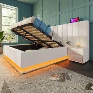 Lit rembourr&eacute; 180x200cm lit double lit coffre avec LED USB-C et sommier &agrave; lattes PU blanc sans matelas ni table de chevet