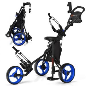COSTWAY Chariot de Golf Pliable 3 Roues-4 Hauteurs Réglables-Siège Hydraulique-Porte-Parapluie Réglable-Porte-Boisson-Sac-Bleu