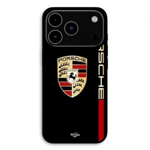 Coque Pour iPhone 17 Pro Max PORSCHE logo rouge et dor&eacute;e fond noir Maniacase