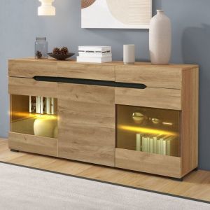 Buffet bas 140x35x80cm - TKOPY - Bahut avec LED et rangement - Buffet cuisine moderne avec 3 portes et 3 tiroirs