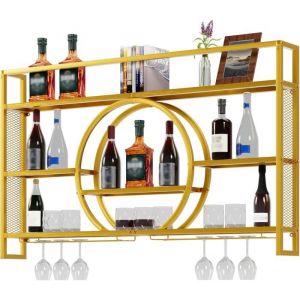 GOOBUY Porte-Verre &agrave; Vin en M&eacute;tal 140cm Porte Bouteille Mural Casier &agrave; Vin avec Lumi&egrave;re Range Bouteille Vin 140x15x80cm Or