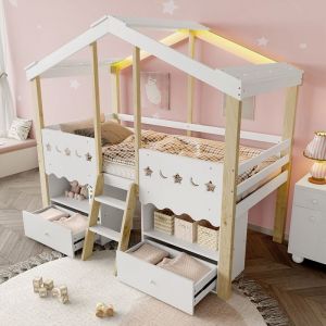 Lit  mezzanine 90 x 200cm Lit mi-hauteur avec 2 tiroirsLit superposé bande lumineuse LED forme maison blanc