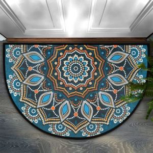 Paillasson rond mandala bleu antid&eacute;rapant demi-cercle pour entr&eacute;e salle de bain cuisine 60x90 cm