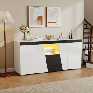 Buffet Moderne - Blanc et Noir Brillant - avec 4 Portes et &Eacute;clairage LED  - 140 x 40 x 65 cm - MERAX