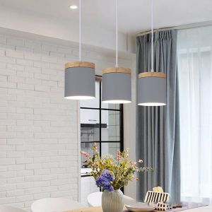 Lustre Suspension Moderne en M&eacute;tal et Bois &Oslash;12cm Lustre Scandinave Gris Macaron E27 Luminaire pour Salle &agrave; Manger All&eacute;e Salon