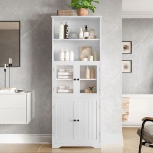 Armoire de salle de bain 57.4x28.5x160 cm entièrement laqué avec rangement et étagères ouvertes - Colonne de Salle de Bainblanc
