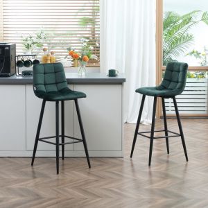 Lot de 2 tabourets de bar 4 pieds en acier Chaise haute bar vert fonc&eacute; Design Tabouret en velours capitonn&eacute; hauteur 77 cm