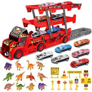 Sanlebi Camion Transporteur de Voitures avec 6 Mini Voitures en M&eacute;tal 12 Dinosaure Jouet de Camion pour Enfant Gar&ccedil;ons Filles ([7]