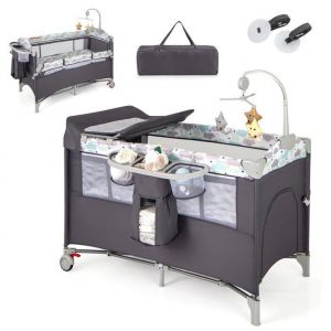 Lit Bébé 5 en 1 Berceau Portable Lit Parapluie Pliable avec Table à Langer Matelas Boîte à Musique Jouets Suspendus Gris