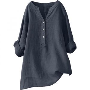 Chemisier Femme Coton Lin - Printemps Eté - Manches Longues - Col V - Gris