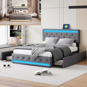Lit 140x190 cm LED et 4 tiroir USB tissu en lin cadre de lit double 140x190 cm gris