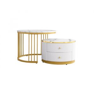 Table Basse Gigogne Blanche Lot De 2 Effet Marbre Brillant Ronde Avec Tiroirs Design Moderne Salon Pieds de table en or