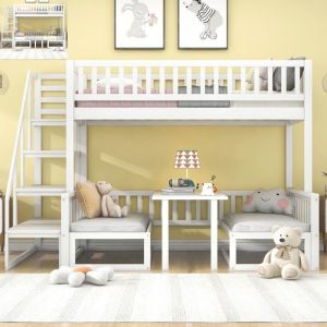 Lit superposé enfant 90x200/120x200cm Lit adulte Lit simpe en bois avec table réglable canapé escalier et lattes - blanc