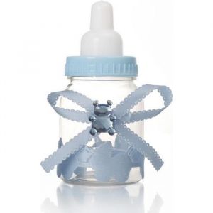 24PCS Boîte à Dragées avec Ruban Mini Biberon Strass Ours Cadeau Box Bonbonnière pour Bébé Baptême Bleu