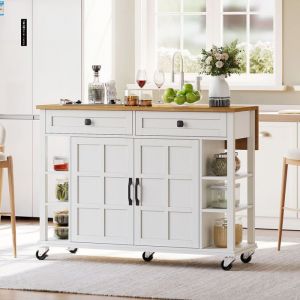 Desserte de cuisine à roulettes 120x40-65x89cm Îlot de cuisine avec plan de travail extensible 2 tiroirs 2 portes 6 étagères -