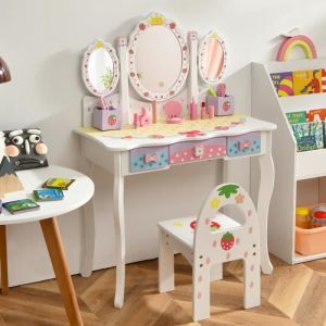 DREAMADE Coiffeuse Enfant avec Tabouret Table de Maquillage avec Miroir Pliable &agrave; 3 Volets 3 Tiroirs & 2 Bo&icirc;te de Rangement Blanc