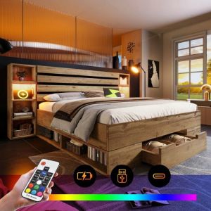 Lit coffre - LANGTU - 160x200 - Bois massif ch&ecirc;ne - LED r&eacute;glables - Ports USB/Type‑C et tiroirs