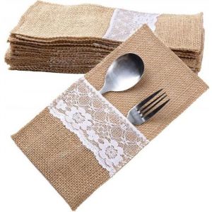 20pcs Sac Toile Jute Dentelle Pochette Couvert Porte Couvert Fourchette Jute Vintage Decoration Table de Mariage Fête Noël(Dimension