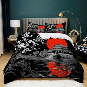 Housse de Couette Architecture Japonaise en Fleurs de Cerisier Parure de Lit avec Fermeture &Eacute;clair Taies doreiller 240x220+65x65cm