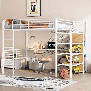 Lit mezzanine 140*200 cmlit adulte avec bureau et armoire ouverte lit 2 personnes avec marches de rangement metal blanc