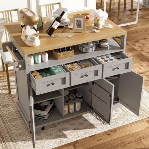 Desserte de cuisine &agrave; roulettes 118&times;43-80&times;98 cm &Icirc;lot de cuisine moderne avec plan de travail extensible 3 tiroirs 3 portes