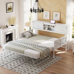 lit gigogne 90x200 couchage flexible banquette lit rangement int&eacute;gr&eacute; structure m&eacute;tal robuste blanc