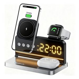 Station de recharge sans fil 5 en 1 pour t&eacute;l&eacute;phone chargeur MagSafe avec r&eacute;veil et veilleuse pour plusieurs appareils
