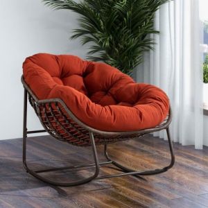 Fauteuil &agrave; Bascule Papasan en Rotin Tress&eacute; -  Jardin et de Salon  - Coussin &Eacute;pais - Orange