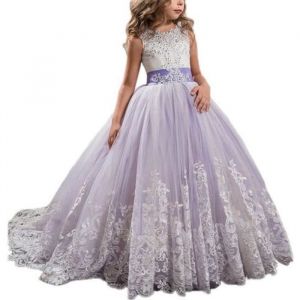 Robes de Cérémonie Princesse Fille en Dentelle Sans Manches Robe Brodée Longue de Soirée Mariage 5-14 Ans - Violet