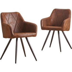 AINPECCA-Lot de 2 Chaises en Simili-cuir Marron avec Accoudoirs Dossier Large au Grand Motif Diamant Matelass&eacute; Raffin&eacute; Pieds M&eacute;tal
