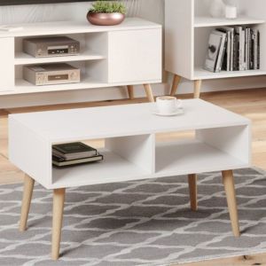 Table basse scandinave blanche avec pieds en bois – L 90 x P 50 x H 55 cm – SANDI