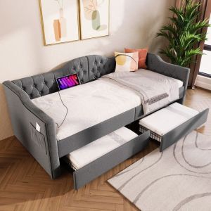 Lit coffre - TKOPY - Lit simple rembourré  90x190 cm  avec charge USB type C Lit dadolescent avec 2 tiroirs Lin Gris