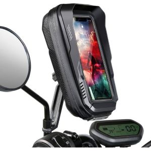 Support Téléphone Moto Etanche 360° Rotatable Ajustable Support Smartphone Moto Rétroviseur avec Sun Visor avec Housse de Pluie