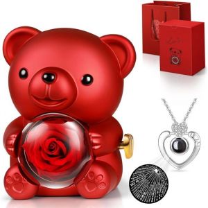 Rose Eternelle avec Collier Nounours Ours en Rose pour Cadeau Fete des Meres Cadeau Saint Valentin Cadeau Noel - Rouge