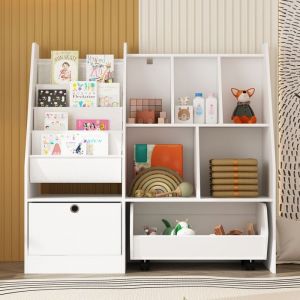 Meuble de Rangement avec 1 Tiroir 1 Boîte Amovible et Étagères Bibliothèque Blanche pour Chambre d’Enfant 100 x 32 x 95 CM