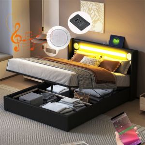 Lit double rembourr&eacute; 160x200 avec sommier &agrave; lattes simili cuir noir LED enceinte Bluetooth et chargeur USB
