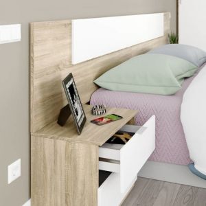 T&ecirc;te de lit 160 cm avec 2 chevets amovibles et 2 tiroirs - Blanc et ch&ecirc;ne - TL81016 - Terre de Nuit
