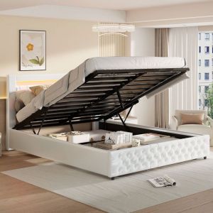 160x200 cm lit double en cuir blanc cadre de lit avec une moitié de la base et le stockage hydraulique tête de lit avec LED