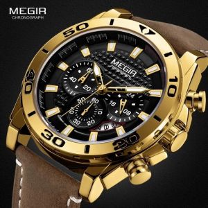 MEGIR - Montre Homme Sport Chronographe Mouvement à quartz Bracelet cuir Lumineuse Étanche Montre-bracelet pour homme