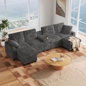 Canapé dangle en velours côtelé avec poufs de rangement table basse ports USB et Type-C 2 prises de courant 315x13 x 81cm