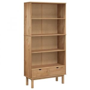 Biblioth&egrave;que en bois massif - KALISSE - OTTA - 2 tiroirs - 88x35x180 cm - Bois de pin massif - Brun - Style scandinave