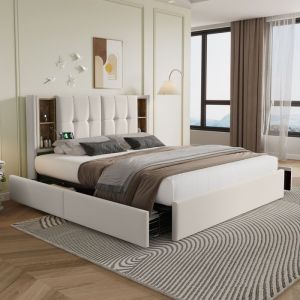 Lit double avec recharge sans fil USB C & 4 tiroirs cadre de Lit coffre 160x200cm  bois-beige sans matelas